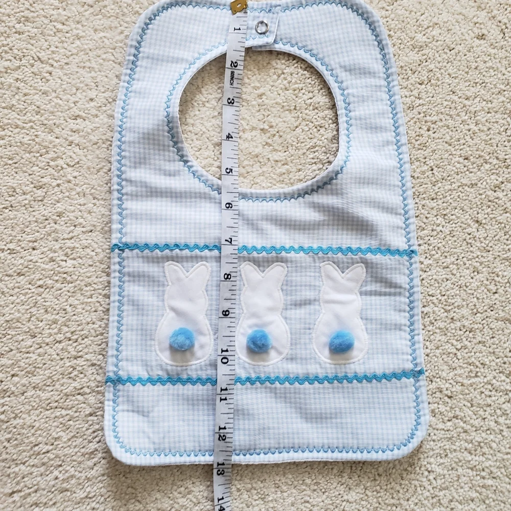 Blue Gingham Baby Bunny Rabbit PomPom Bib